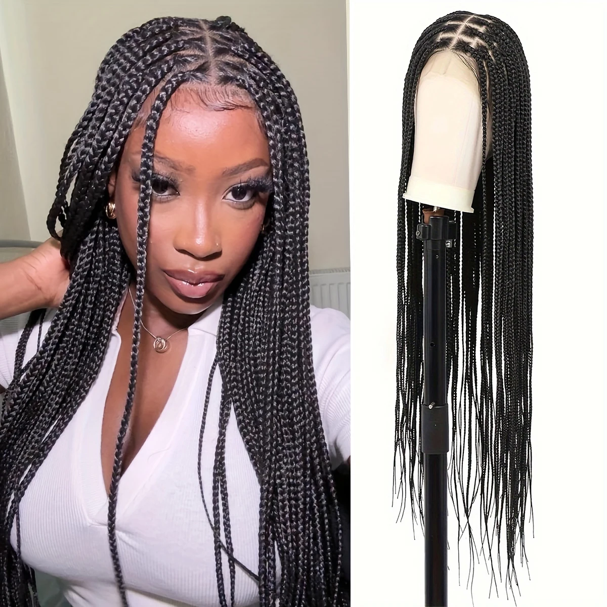 Parrucca Intrecciata in Capelli Sintetici con Base in Pizzo, 30 Pollici, Parrucche Intrecciate di Alta Qualità per Donne, Trecce Nere per Look Eleganti