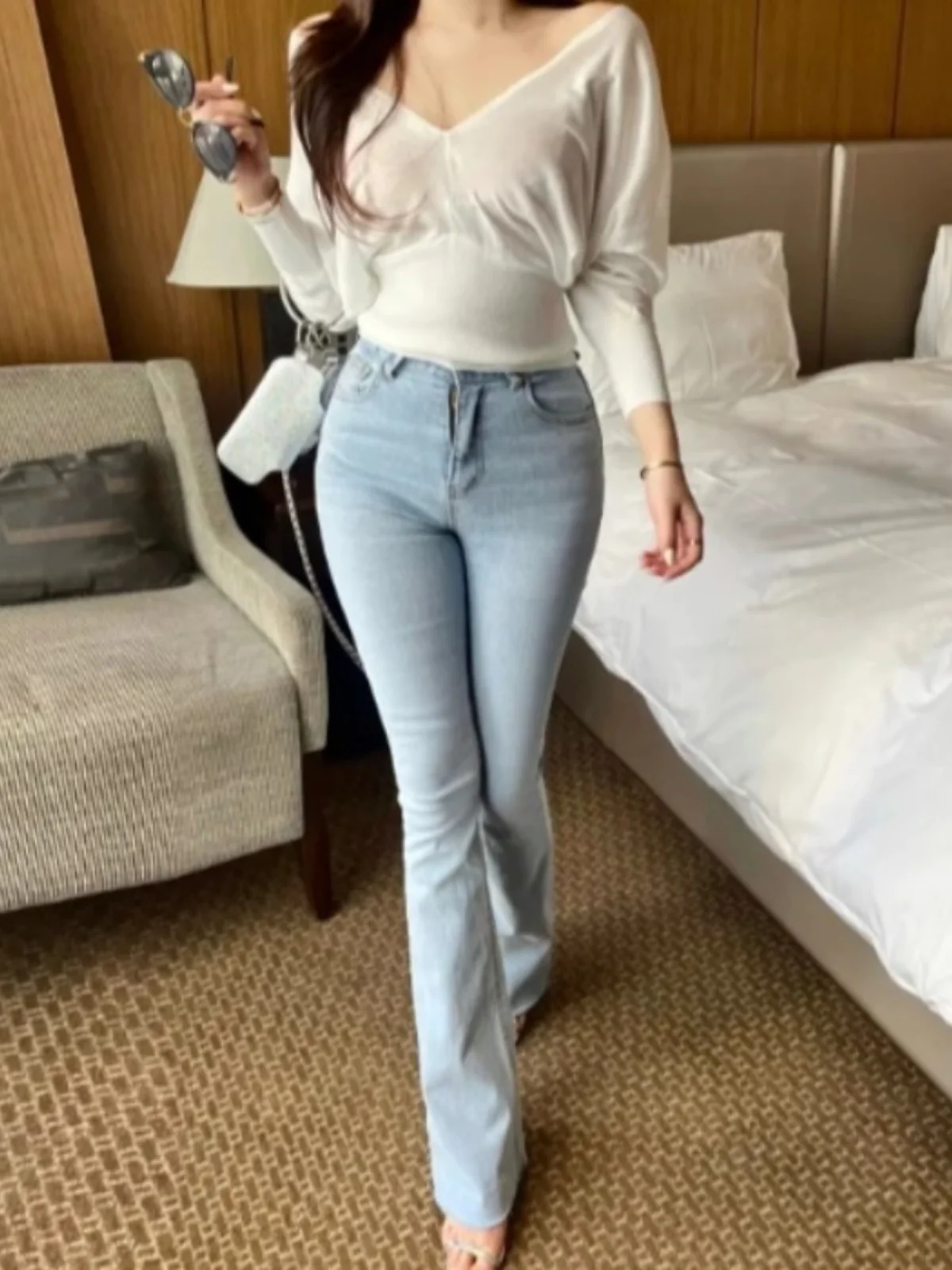 

Fashionable High Waist Slimming Denim Bell Bottom Pants Long Trousers Dongda Gate Year round Wearable Comfortable Stretch Jeans