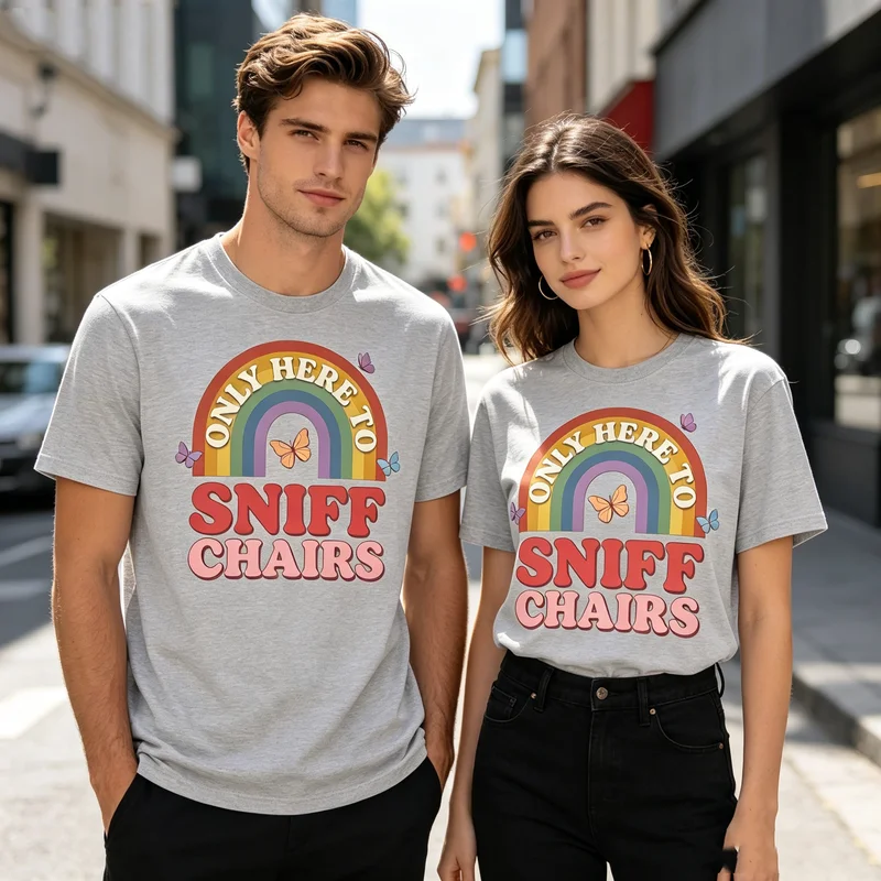 Vintage Only Here To Sniff Chairs Graphic Tee Funny Rainbow Print Men Women Cotton Short Sleeve Casual Gift T Shirt