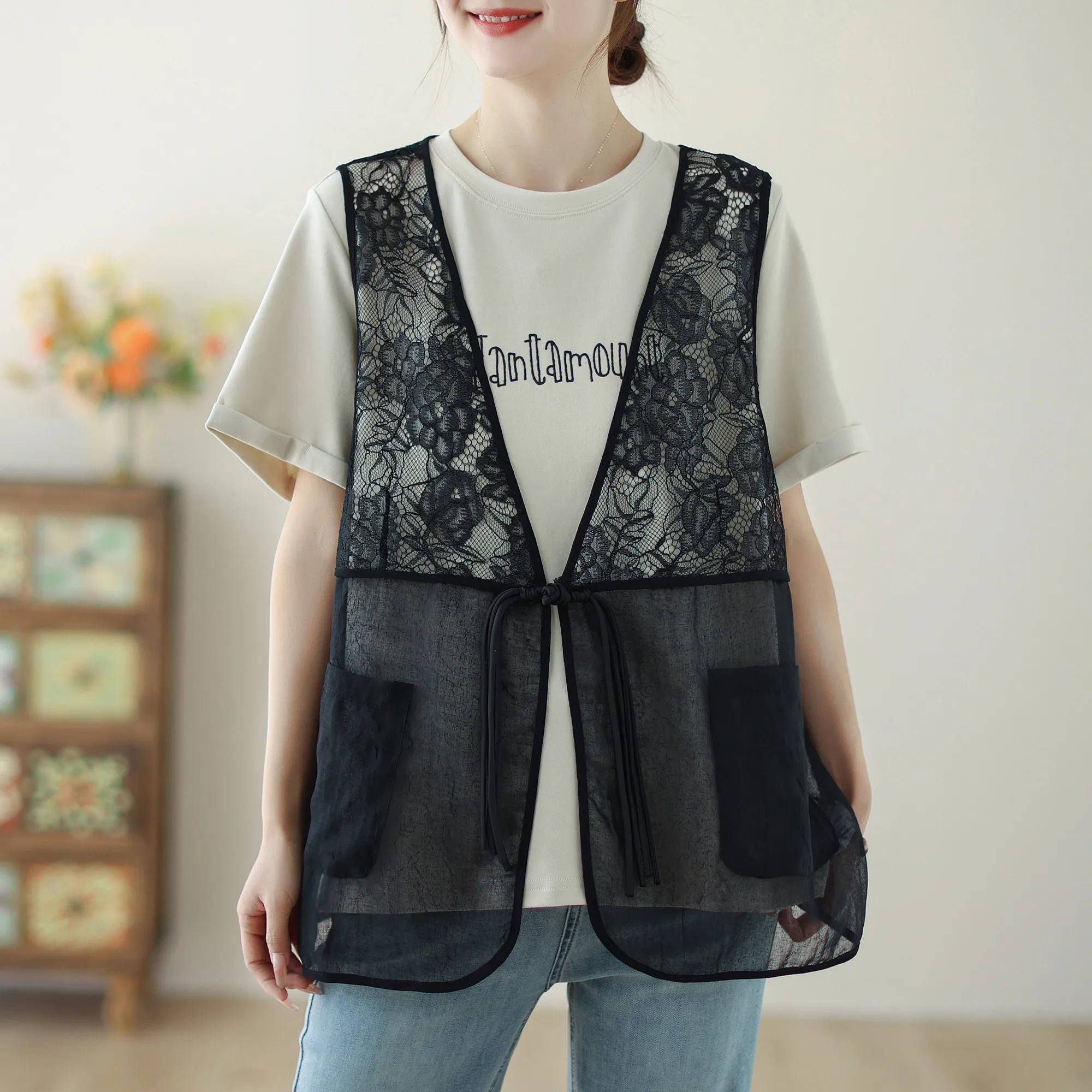 

plus Size Women's Lace Vintage Tank Top Summer New Style Belly Covering Sleeveless Vest Outerwear Casual Comfortable Fit