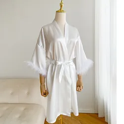 White Boudoir Wedding Floor Length Maxi Dressing Gown Robes Feather Long Robe Stain Silk Lingerie Bride Hen Party Dress Nightgow