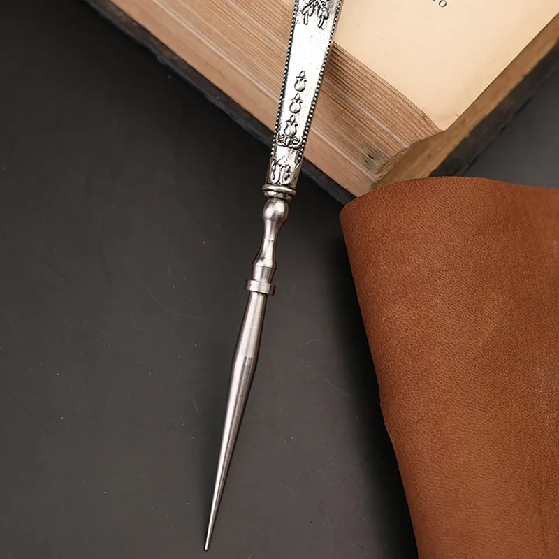 Vintage Leather Punch Hole Awl Tool Retro Round Hole Bronze Silver Awl 12cm Hand Stitch Tool for DIY Embroidery Sewing Craft