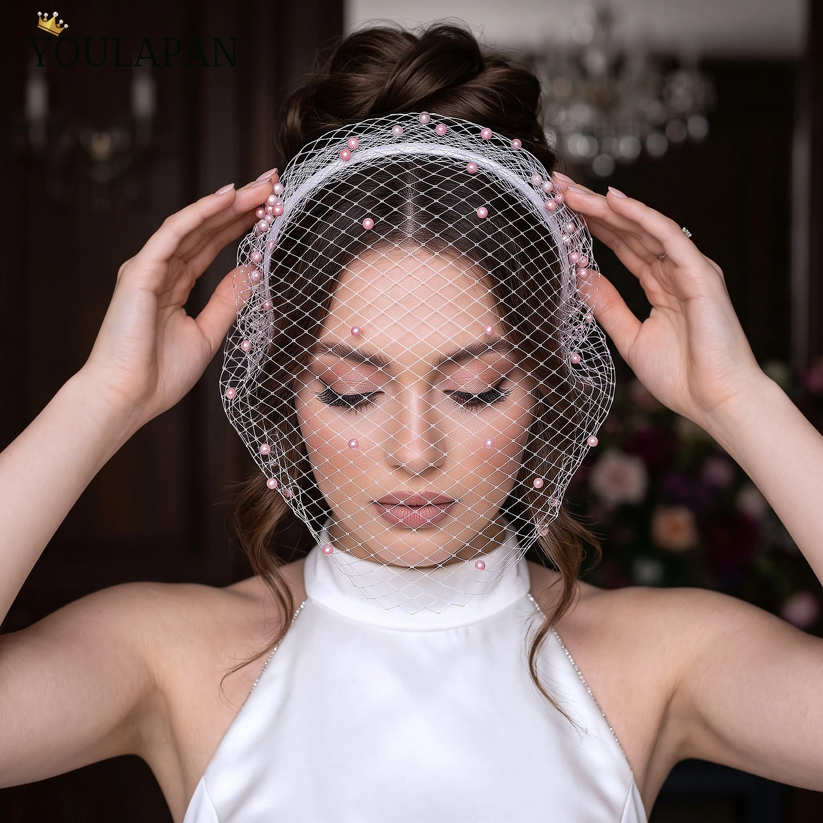 TOPQUEEN Pink Pearl Birdcage Veil White Blusher Veil Cage Veil Face Veil Pearl Headband Hair Accessory Va44