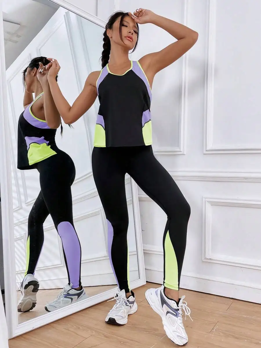 

Color Block Racerback Sports Set Women Workout Leggings Yoga Set