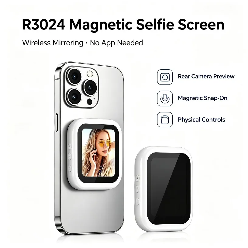 Wireless Selfie Screen Magnetic Monitor For iPhone Android Rear Camera AirPlay Miracast 2.4 Inch TFT Portable Vlog Travel White