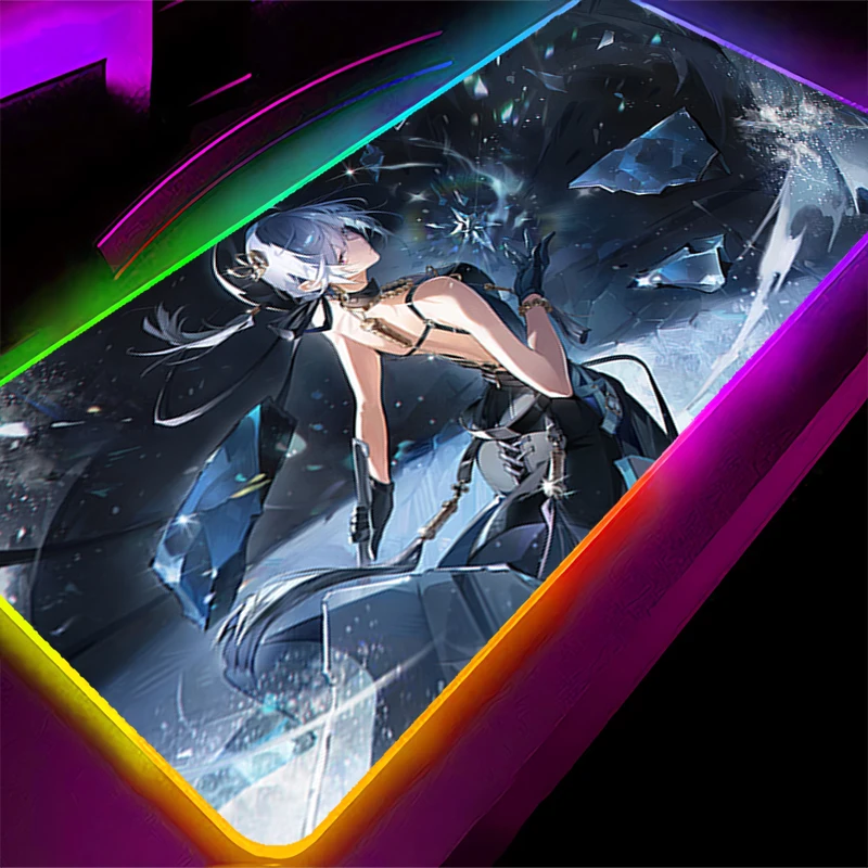 

RGB светодиодный коврик для мыши, коврик для клавиатуры ноутбука, нескользящий игровой коврик в стиле аниме, аксессуары для ПК, коврик для мыши, резиновый W-wuthering Waves Sanhua, настольный коврик