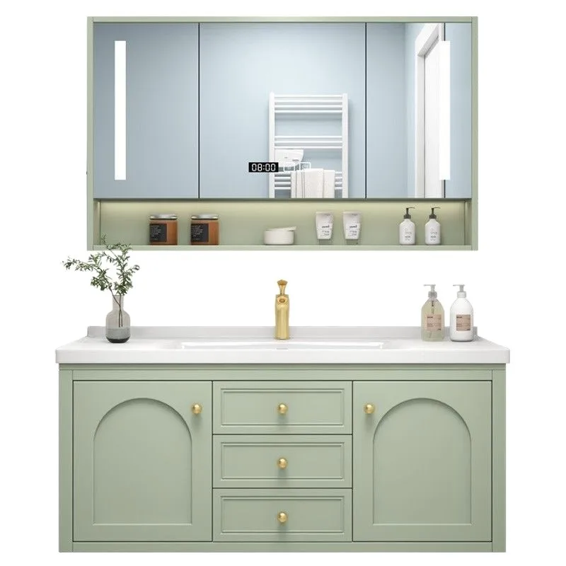 French light luxury retro ceramic integrated basin bathroom cabinet combination green washing table hand and face basin