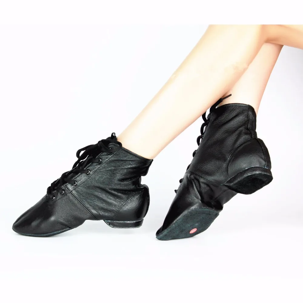 Black Genuine Leather  Soft Dancing Sneakers 28-44 Gymnastics Unisex Lace-Up High Top Jazz Dance Shoes