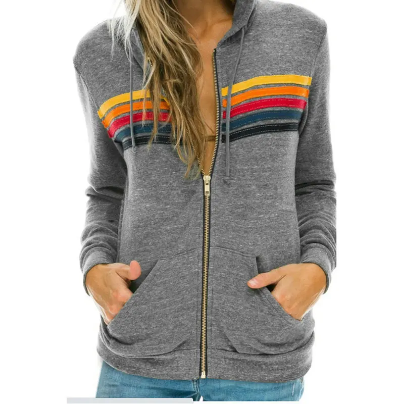 Women Men Zipper Rainbow Long Sleeve Hoodies Harajuku Retro Long Sleeve Jacket Coat