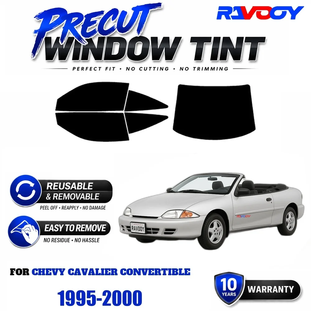 RAVOOY Precut Window Tint, Reusable Removable EPU Film, Custom Fit for Chevy Cavalier Convertible 1995-2000, UV Heat Protection