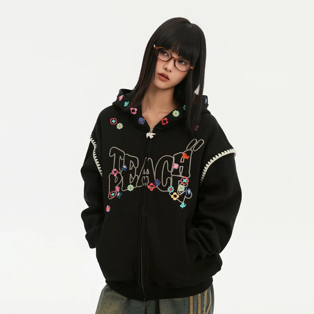 

Men Women Autumn Letter Embroidery Jacket Hoodies Couple Streetwear Fashion Loose Casual Hooded Sweatshirts Cardigan Coat