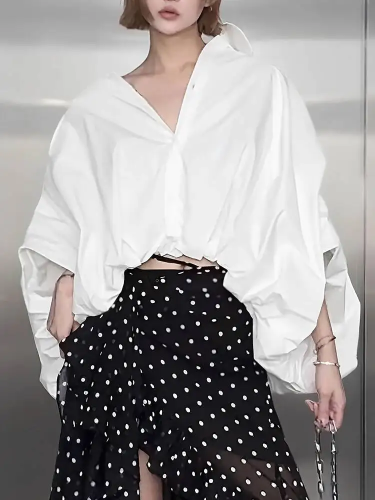 

Women White Big Size Elegant Bud Blouse New V-neck Half Batwing Sleeve Shirt Fashion Tide Spring Autumn