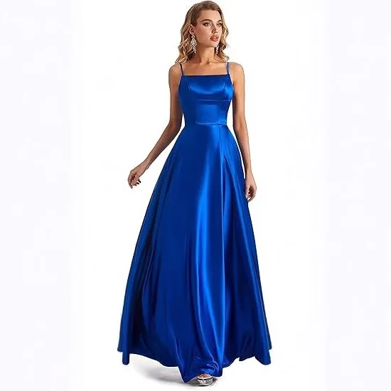

2025 Women's Long Chic Prom Dresses Satin A-line Homecoming Dress Red Halter Ruched Lace-up Valentine's Day Gown Long