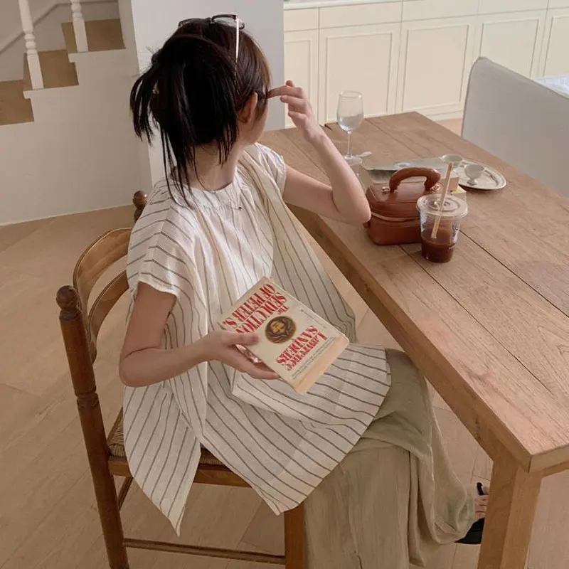 Casual  Striped Blouse Women's Clothing Sleeveless Loose Summer Commute Fashionable Spliced Basic O-neck Vintage Shirts