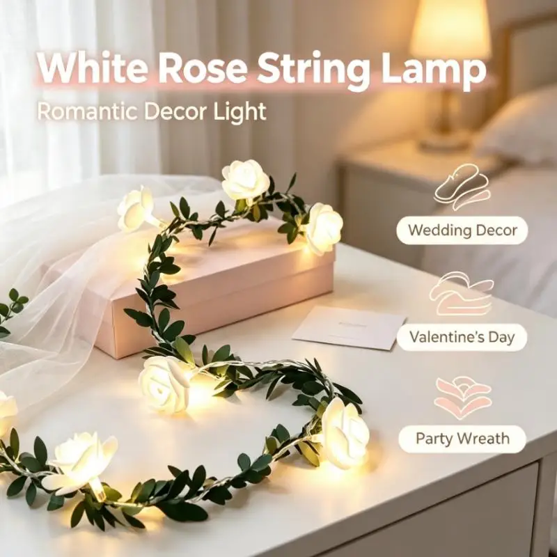 White Rose String Lights Battery Powered Fairy Lamp for Wedding Valentine Party Home Wreath Bedroom Decoration Ambient Lighting