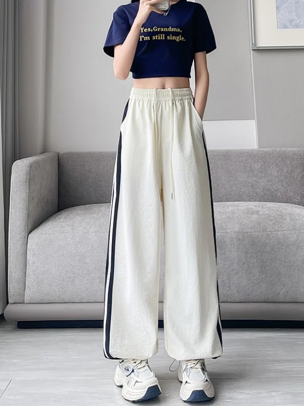 플러스 사이즈 퀵 드라이 아메리칸 스타일 스포츠 팬츠 여성 캐주얼 스트라이프 루즈 아이스 실크 와이드 레그 팬츠 하이 웨이스트 스트레이트 레그