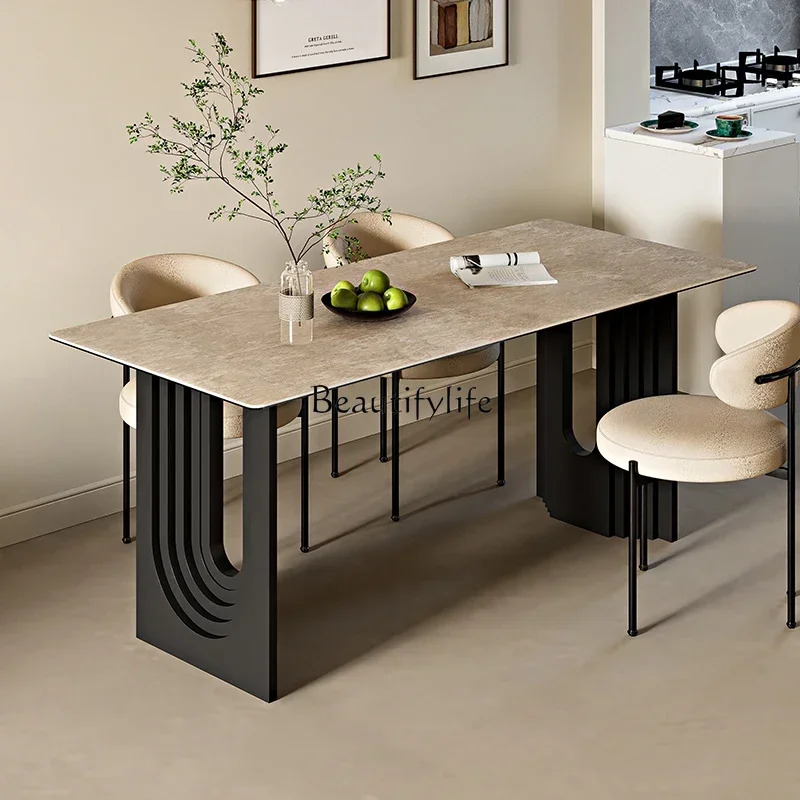 01LTravertine rock slab dining table household small apartment retro long oval table medieval French style