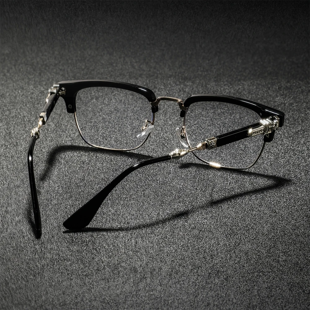 2/3 Stück Luxuriöse Kreuzgravierte Halbrahmen-Brille für Damen und Herren Retro Quadratische Blaulichtfilter-Brille Vintage Metall-Computerbrille – Detail 8