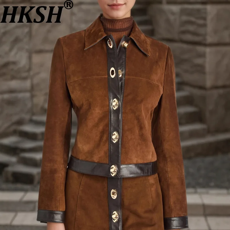 

HKSH Spring Autumn New Women's Jacket Faux Suede Patchwork PU Leather Single Breasted Streetwear Retro Trendy Short Coat HK14484