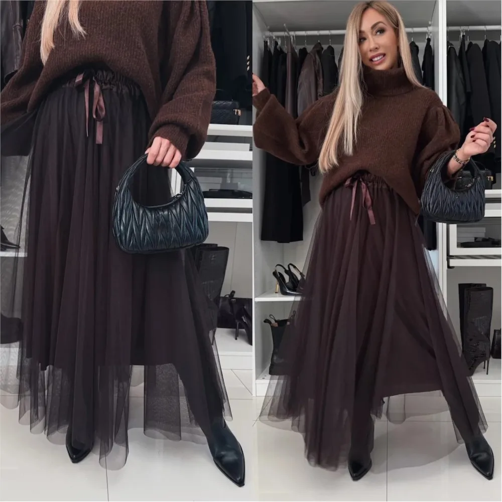 

Retro Chiffon Dress For Women, Elastic High Waisted 3-layer A-line Lace Up Pleated Mesh Skirt, Big Swing Skirt For Women, 2025