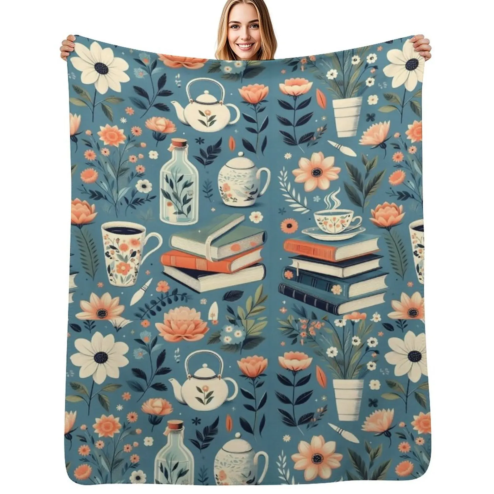 

flowery books and tea pattern design for Versatile projects Throw Blanket Foldable Soft Warm Blanket for Outdoor Use