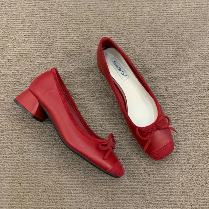 Fashion Elegant Red Ballerinas Women Pumps Slip on Loafers Round Toe Square Heels Bowknot Casual Spring Autumn Low Heel Shoes