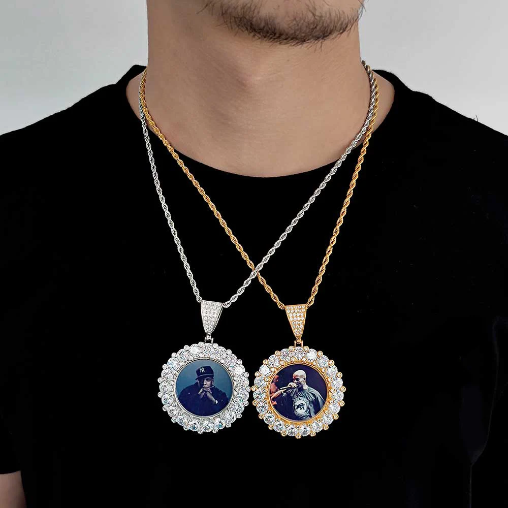 Micro Paved Zircon Big Diamond Fashion Round Men and Women Couple Pendant Custom logo Medallion Memory Photo Pendant Necklace