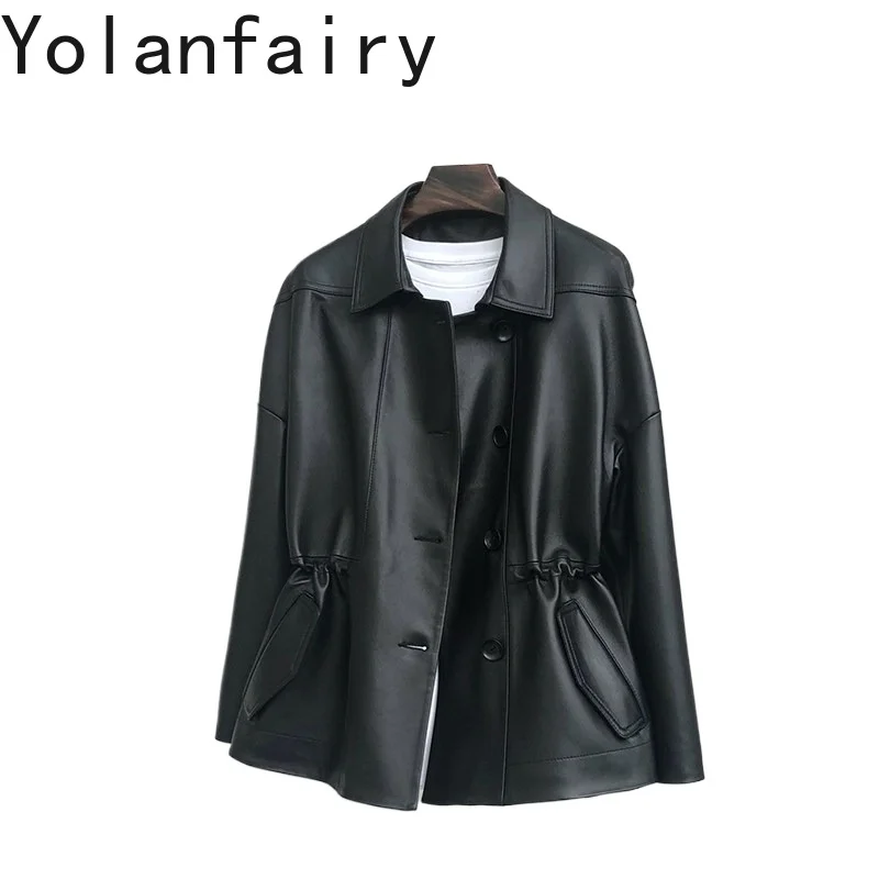 

YOLANFAIRY Новая модная женская куртка из 100% натуральной овчины 2026 года, элегантный тренч из натуральной кожи, черные женские пальто