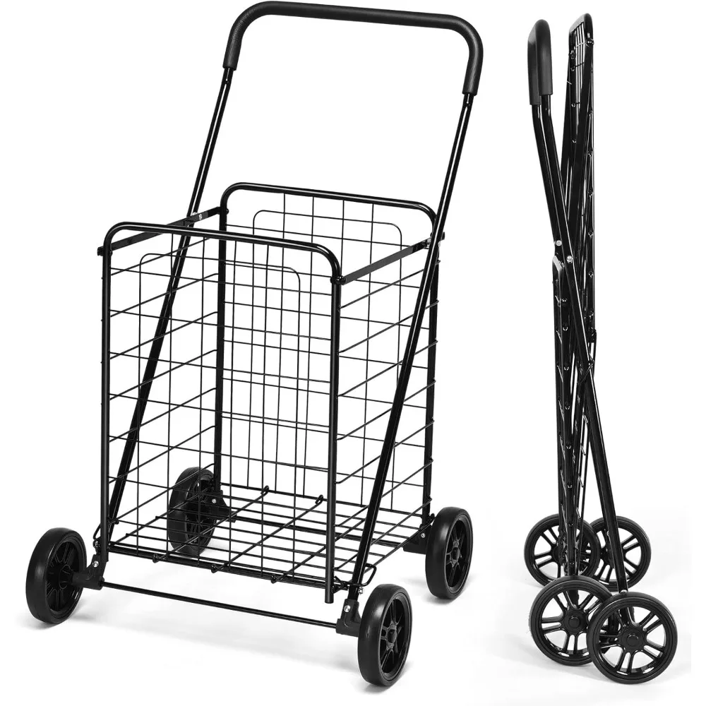 Folding Shopping Cart, Heavy Duty Grocery Utility Cart with Foam Wrapped Handle & Large Wheels, Versatile Rolling Cart