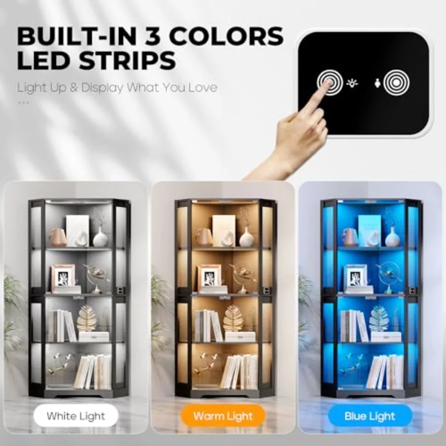 Lighted Corner Display Cabinet with Glass Doors for Collectibles view 3