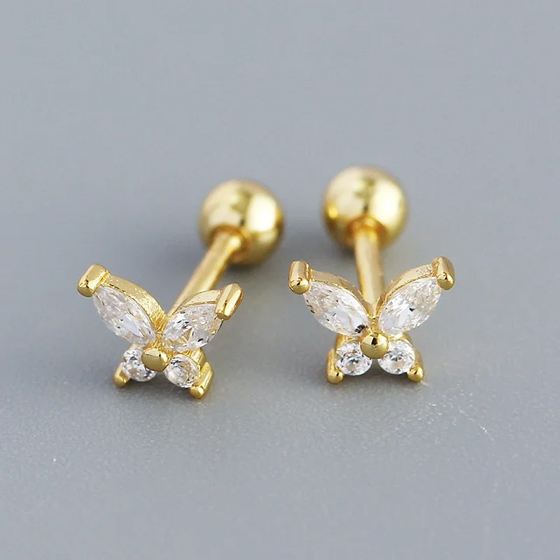 

Real 925 Sterling Silver Zircon Butterfly Stud Earrings for Women Cute Piercing Screw Bead Fine Jewelry Insect Accessories