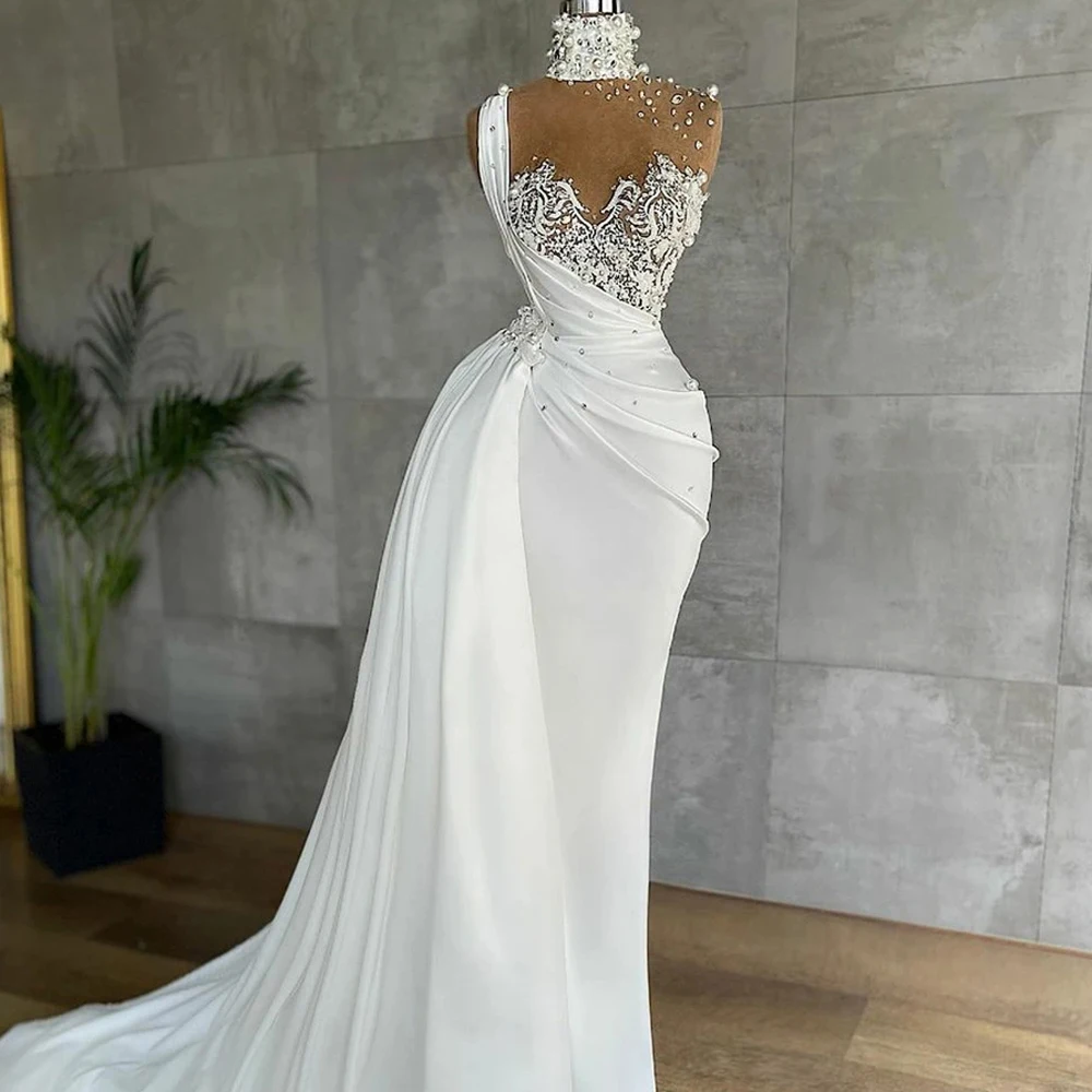 Elegant White Satin Evening Dresses High Neck Mermaid Luxury Crystal Pearls Lace Appliques Formal Party Prom Gown Robe De Soiree