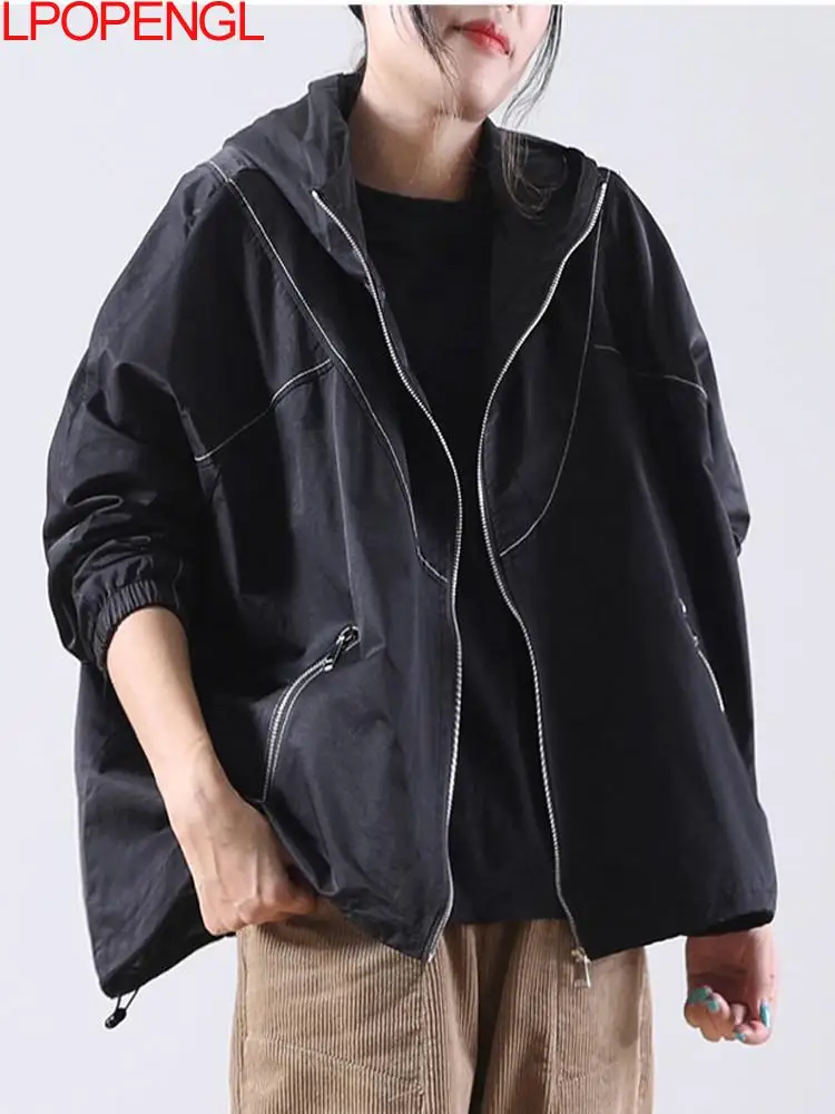 

Fashion Solid Color Loose Zipper Pocket Hooded Short Coat Women's Autumn Long Sleeve Wide-waisted Trench Streetwear Outerwear