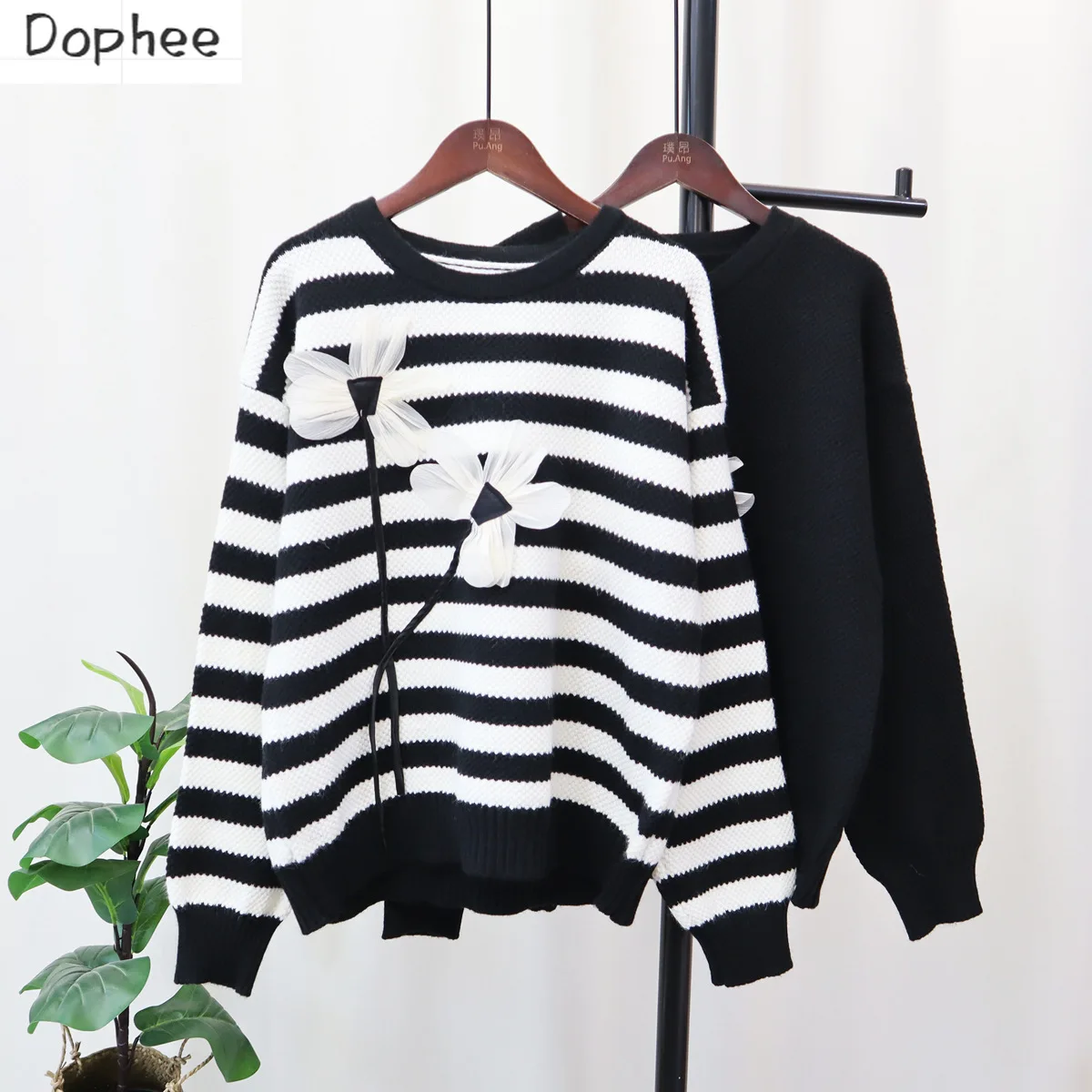 Dophee Patch Flowers Women Knitted Shirts New Autumn Winter All-match Loose Pullover Top O-neck Stripes Long Sleeve Sweaters