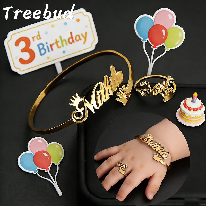 Treebud Custom Baby Name Crown Jewelry Set Stainless Steel Personalized Nameplate Ring Bracelet Kids Anniversary Jewelry Gifts