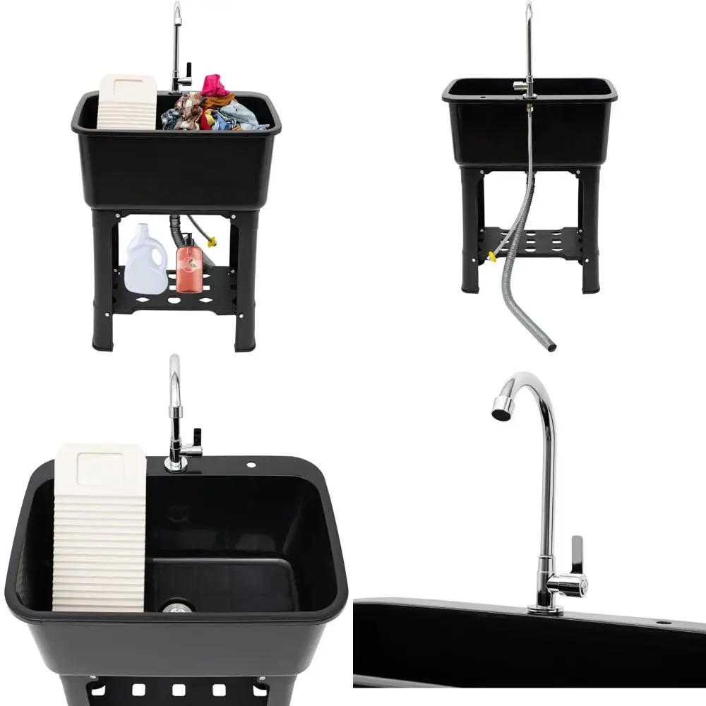 

Freestanding Plastic Laundry Tub Sink with Washboard, Faucet, and Drain Kit for Efficient Washing Room Use