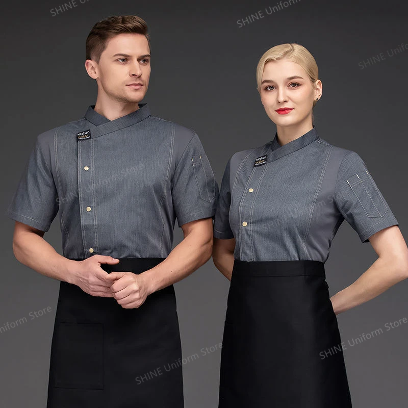 Grey Chef Jacket Catering short sleeve chef uniform Work Wear Clothes Restaurant Uniforms Coat men Kitchen Cook Clothing outfit