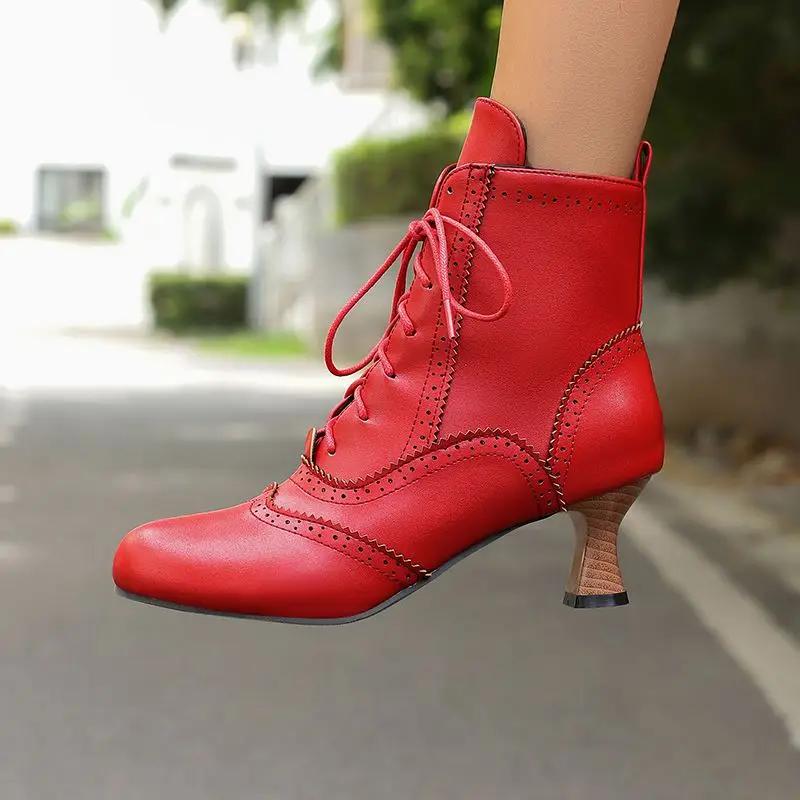 

ORCHA LISA Women's Ankle Boots Round Toe Small Heel Lace Up Red Black Size 48 50 Elegant Dancing Daily Style Autumn Winter Boots
