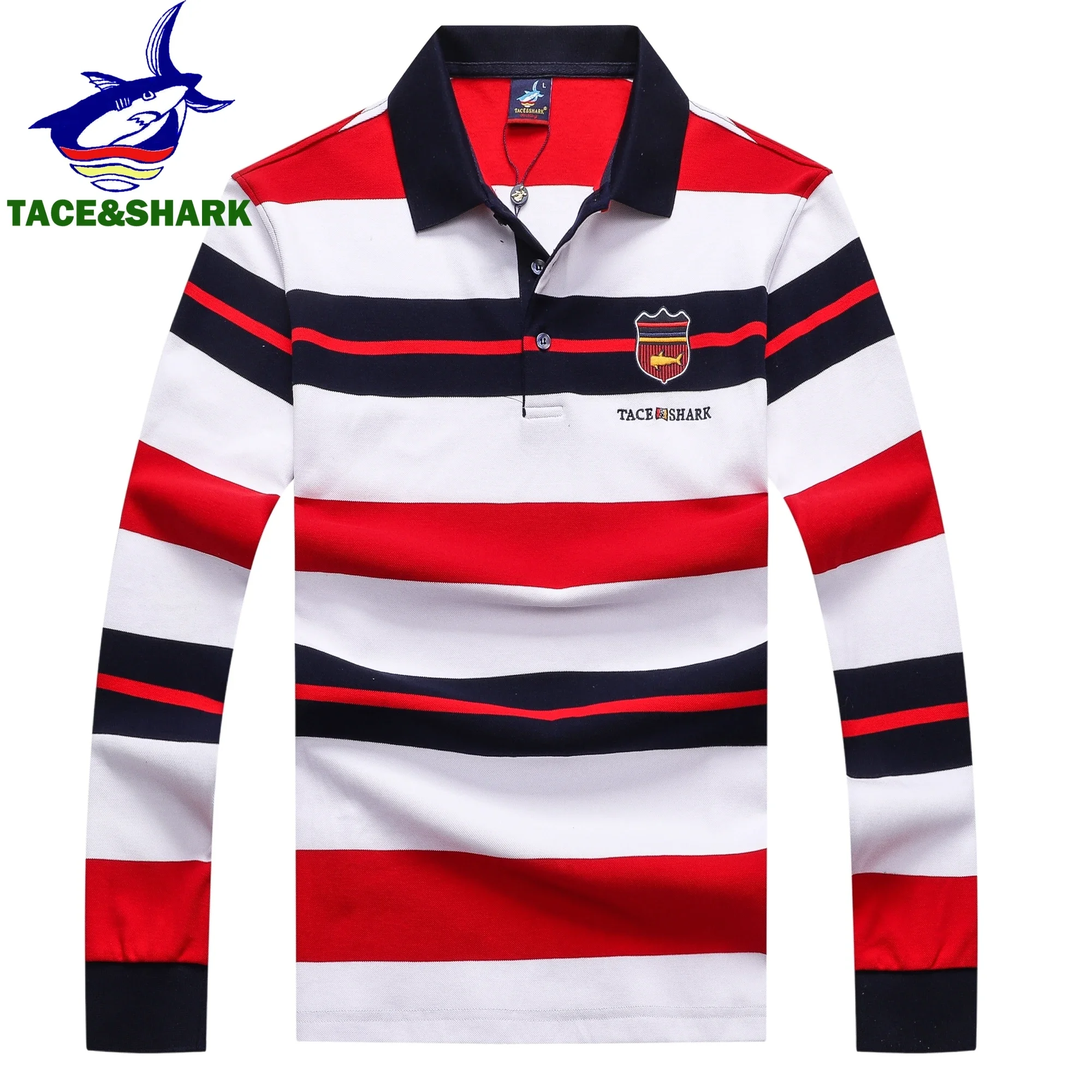 TACE&SHARK Fashion Brand Shark Long Sleeve Polo 2024 Men Stripe Camisa Masculina Casual Business Blue Polo Clothing