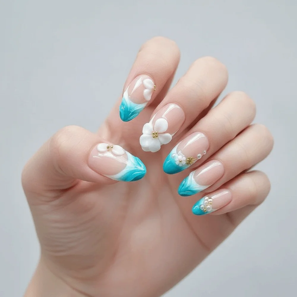 30pcs Sweet Handmade Press on Nails Ocean Style Light Blue Nude Almond Fake Nails French Design 3D Floral Nails Sweet Summer