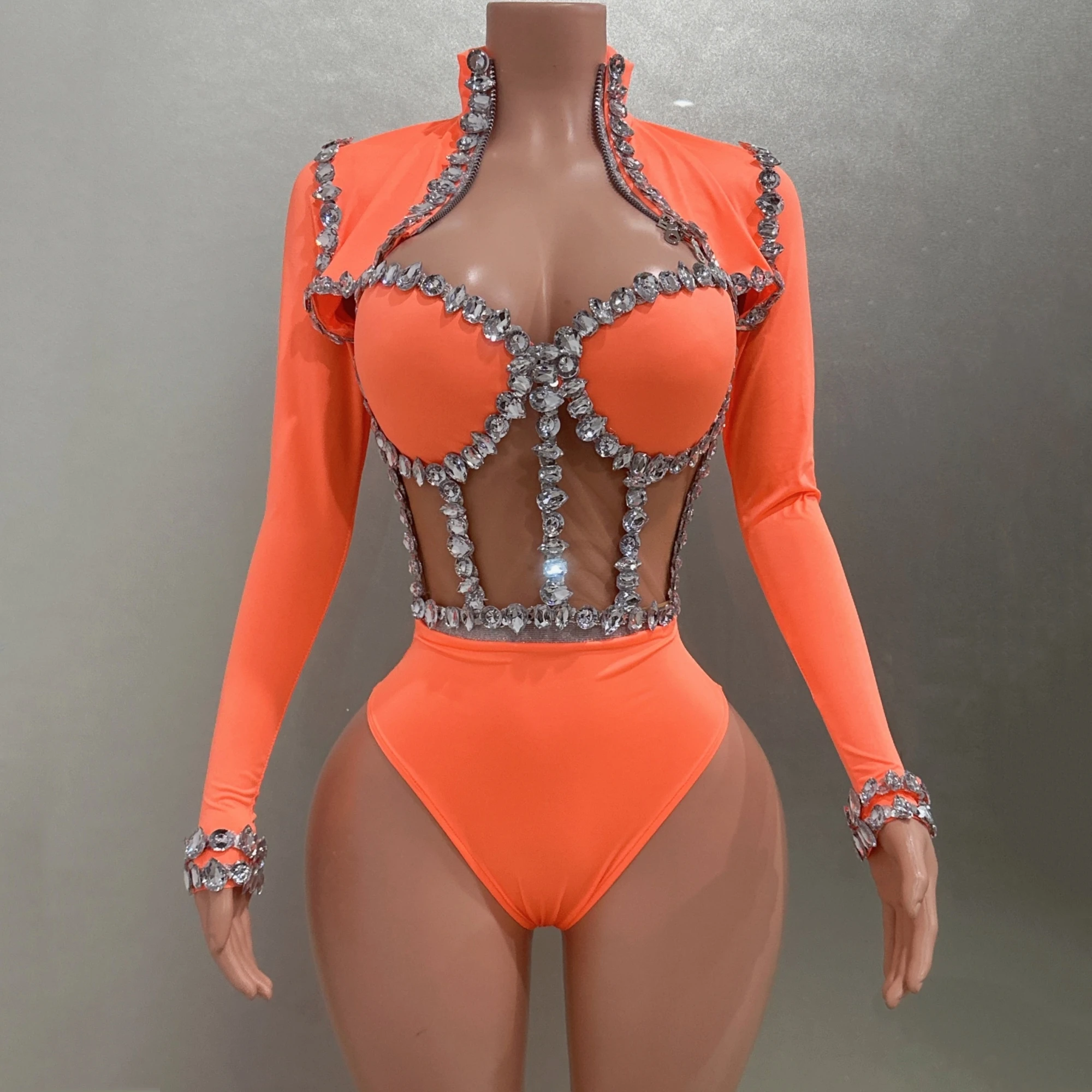 Sexy See-Through Strapless Rhinestone Tops Zipper Jacket High-waisted Shorts 3-Pieces Sets Party Nightclub Perfprmance Costume