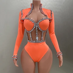 Sexy See-Through Strapless Rhinestone Tops Zipper Jacket High-waisted Shorts 3-Pieces Sets Party Nightclub Perfprmance Costume