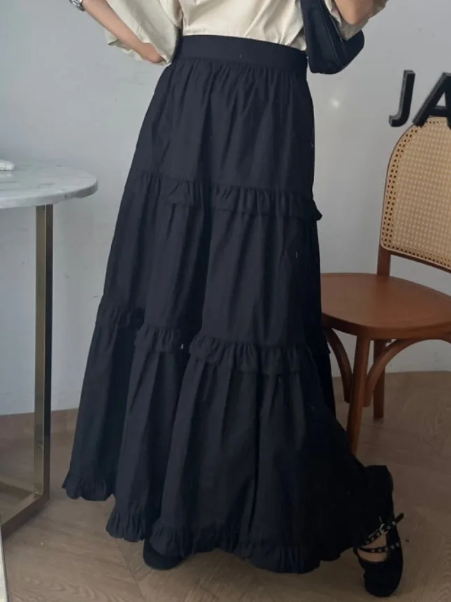

Retro Lace Trim Spliced White f Skirt Women's Spring Summer Elastic Waist Slimming A-Line Long Skirt Pure Color High Waist