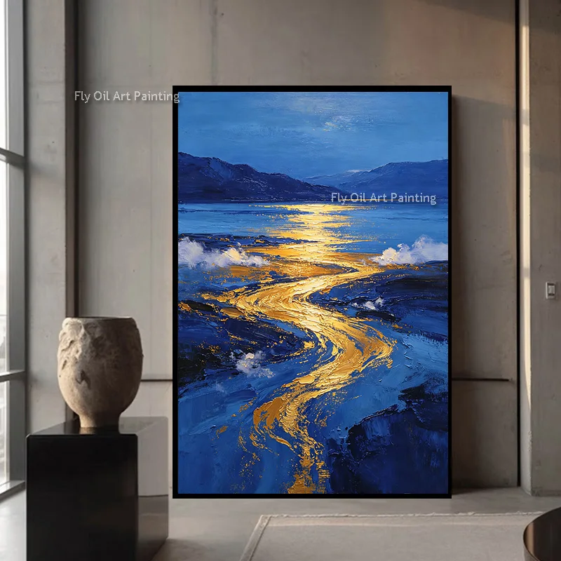 Special Night Landscape Oil Painting On Canvas New Simple Navy Blue Golden Yellow River Wall Art Handmade Gold Foil Art Decor