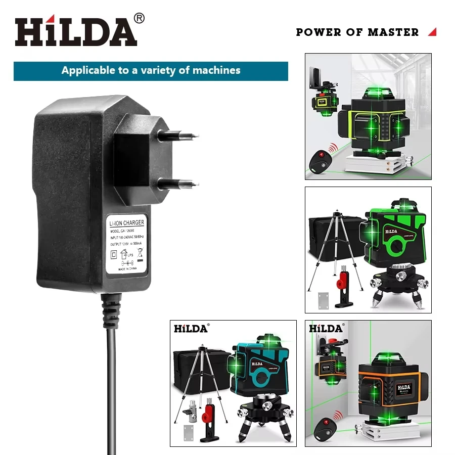 HILDA Universal Charger for 3D/4D Laser Level Lithium Battery, EU Plug AC Power Adapter Replacement Laser Level Accessory