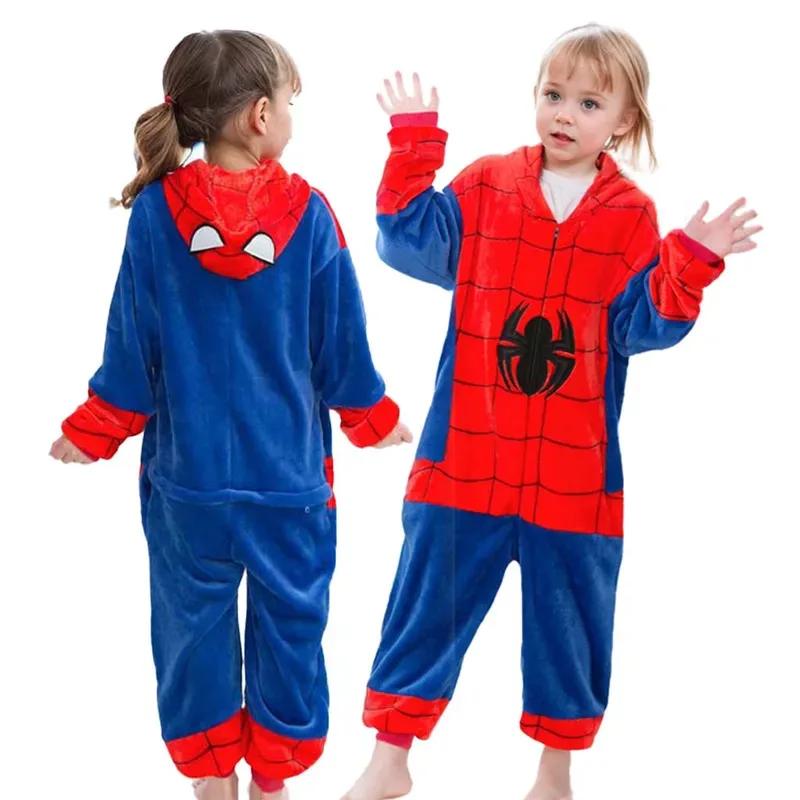 AD1 Spiderman Plush Pajamas Bodysuit Superhero Cosplay Costume Zipper Jumpsuits Warm Boys Girls Homewear Pyjamas Halloween 5@rD~
