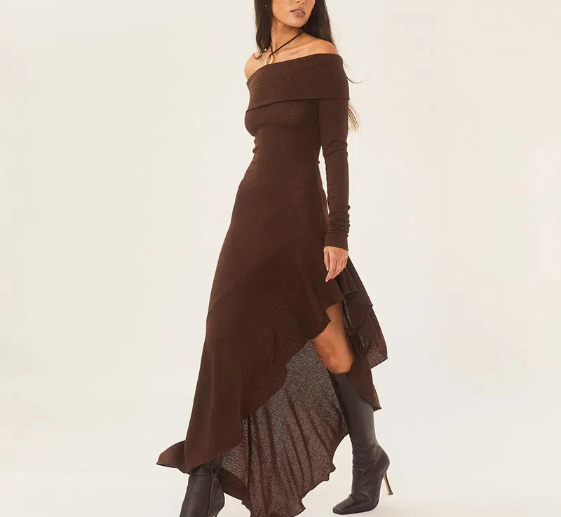 

Ins Style Women Clothing Temperament One Shoulder Long Sleeved Close Fitting Lotus Leaf Side Party Length Slim Women Dresses