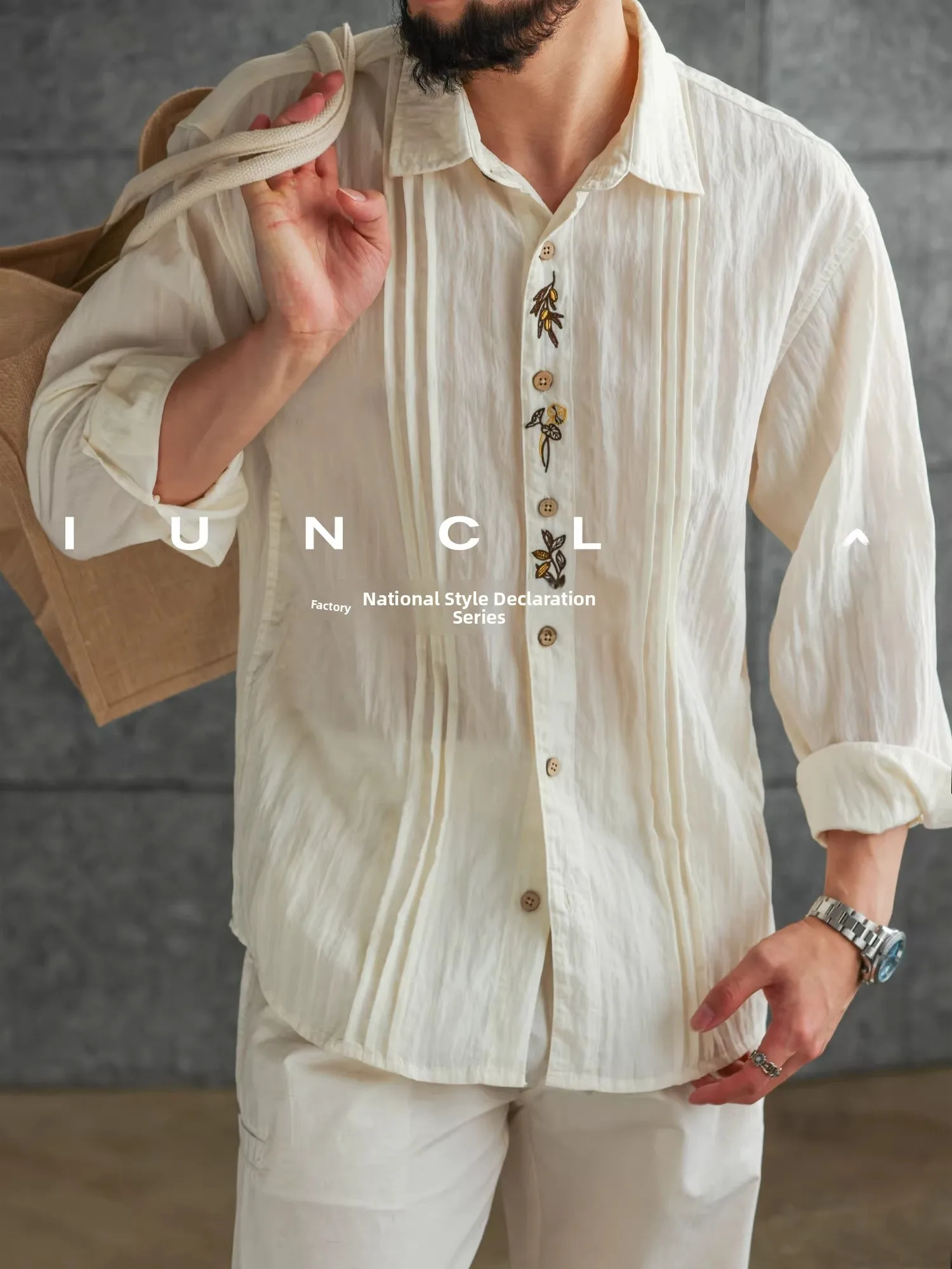 

Large Size Embroidered Breathable Silk Cotton Luxury Long Sve irt Men Summer New Sle Tee-Dimensional Pleat Versatile...