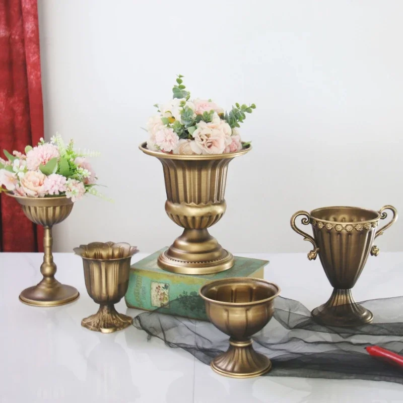 Bronze Metal Tall Foot Flower Vase Wide Mouth Pot Living Room Dry Flower Salon Wedding Venue Decorative Craft Display Ornament