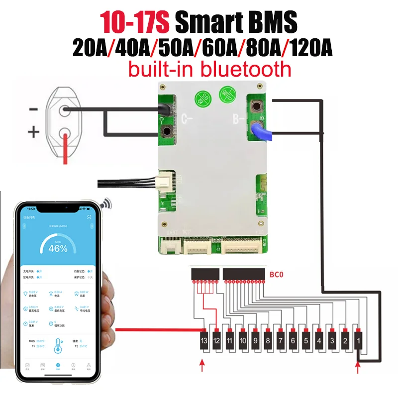 Built-In Bluetooth JBD Smart BMS 7S 8S 10S 13S 14S 16S 17S Lithium Battery Protection Board 24V 36V 48V 60V Li-ion LifePo4